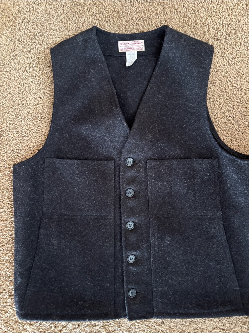 Filson Charcoal Black Wool Vest with Patch Pockets
